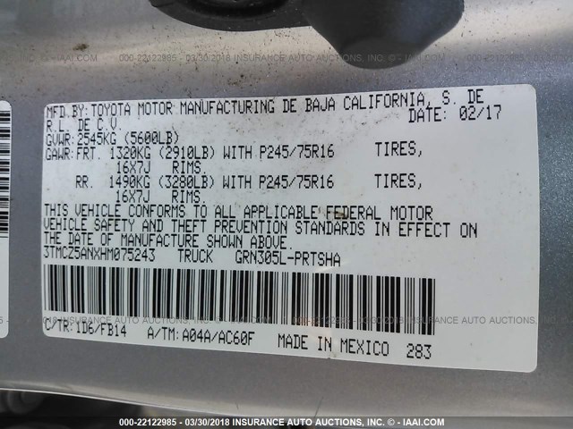 3TMCZ5ANXHM075243 - 2017 TOYOTA TACOMA DBL CAB/SR/TRDSPT/OR/PRO ვერცხლისფერი ფოტო 9