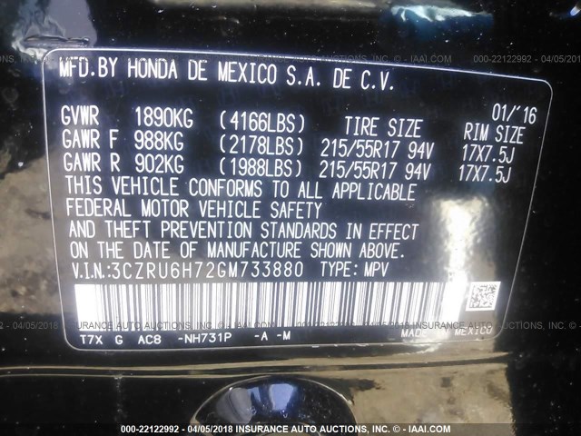 3CZRU6H72GM733880 - 2016 HONDA HR-V EXL BLACK photo 9