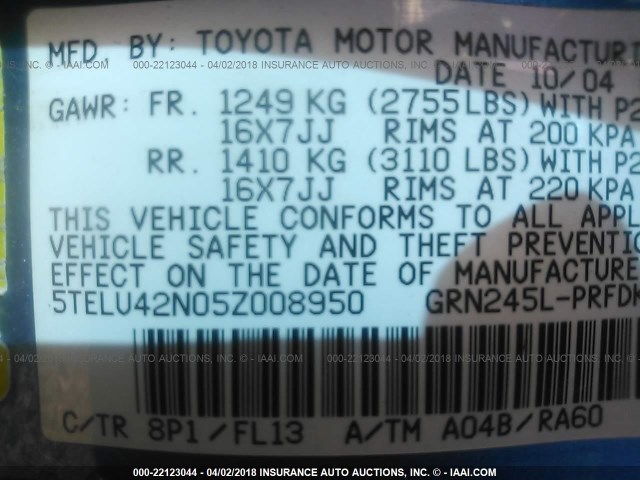 5TELU42N05Z008950 - 2005 TOYOTA TACOMA DOUBLE CAB ლურჯი ფოტო 9