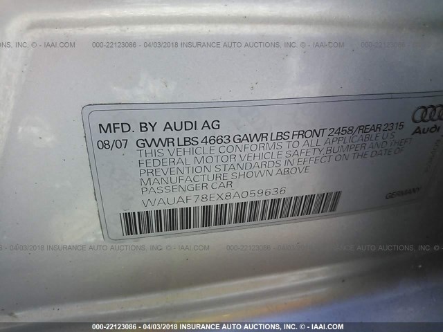 WAUAF78EX8A059636 - 2008 AUDI A4 2.0T GRAY photo 9