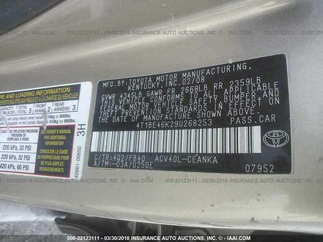 4T1BE46K29U268253 - 2009 TOYOTA CAMRY SE/LE/XLE Алтын фото 9