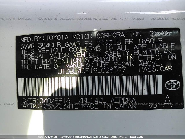 JTDBL40E19J028027 - 2009 TOYOTA COROLLA LE/XLE WHITE photo 9