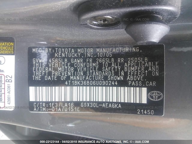 4T1BK36B06U090244 - 2006 TOYOTA AVALON XL/XLS/TOURING/LIMITED GRAY photo 9