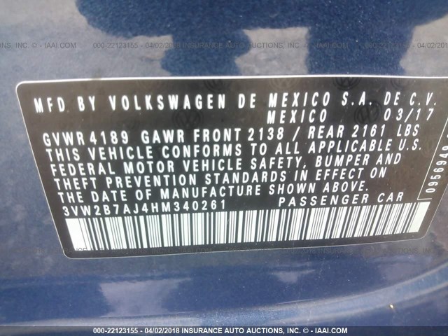 3VW2B7AJ4HM340261 - 2017 VOLKSWAGEN JETTA S 蓝色 照片 9