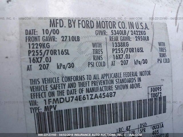 1FMDU74E61ZA45487 - 2001 FORD EXPLORER EDDIE BAUER WHITE photo 9