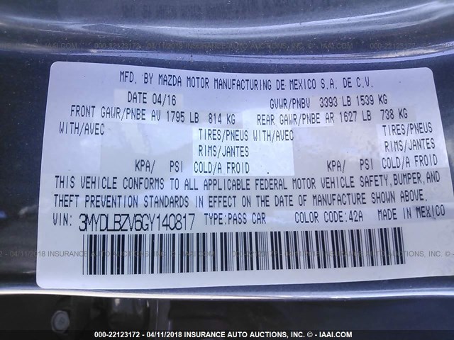 3MYDLBZV6GY140817 - 2016 TOYOTA SCION IA GRAY photo 9