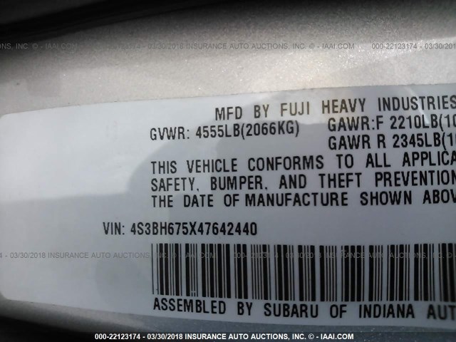 4S3BH675X47642440 - 2004 SUBARU LEGACY OUTBACK AWP 银色 照片 9