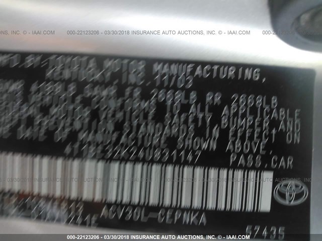 4T1BE32K24U831147 - 2004 TOYOTA CAMRY LE/XLE/SE ვერცხლისფერი ფოტო 9