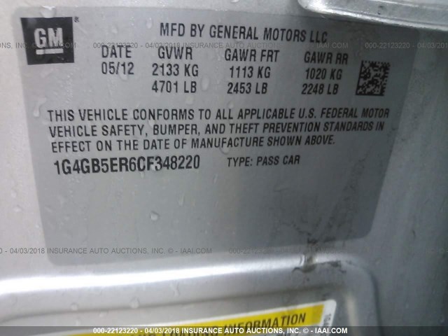 1G4GB5ER6CF348220 - 2012 BUICK LACROSSE CONVENIENCE SILVER photo 9