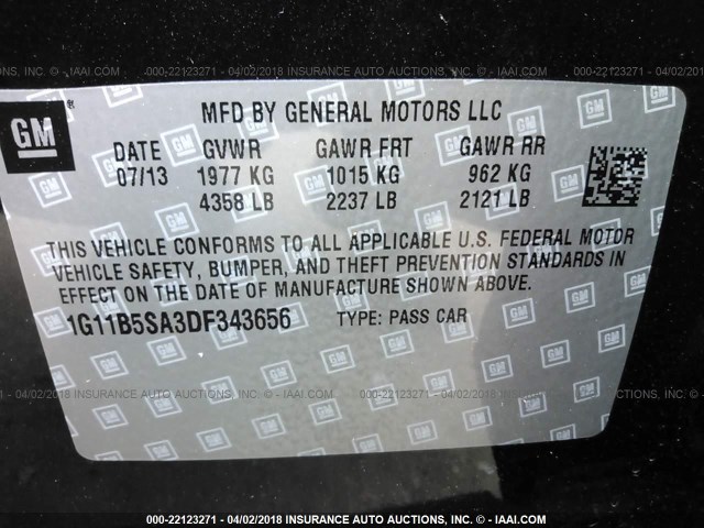 1G11B5SA3DF343656 - 2013 CHEVROLET MALIBU LS 黑色 照片 9