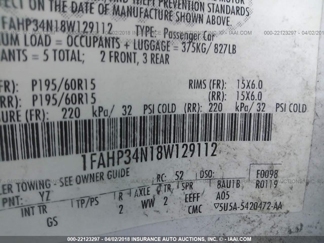 1FAHP34N18W129112 - 2008 FORD FOCUS S/SE WHITE photo 9