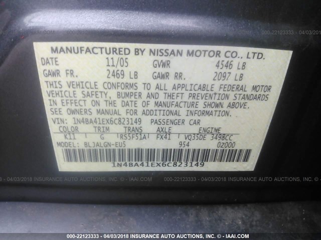 1N4BA41EX6C823149 - 2006 NISSAN MAXIMA SE/SL GRAY photo 9