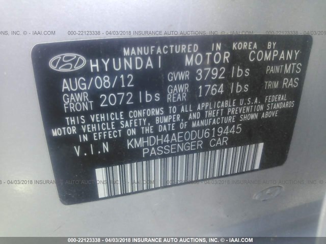 KMHDH4AE0DU619445 - 2013 HYUNDAI ELANTRA GLS/LIMITED SILVER photo 9