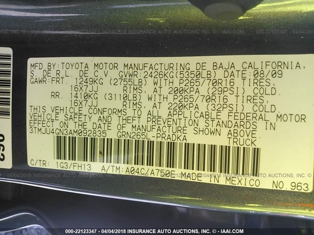 3TMJU4GN3AM092835 - 2010 TOYOTA TACOMA DOUBLE CAB PRERUNNER GRAY photo 9