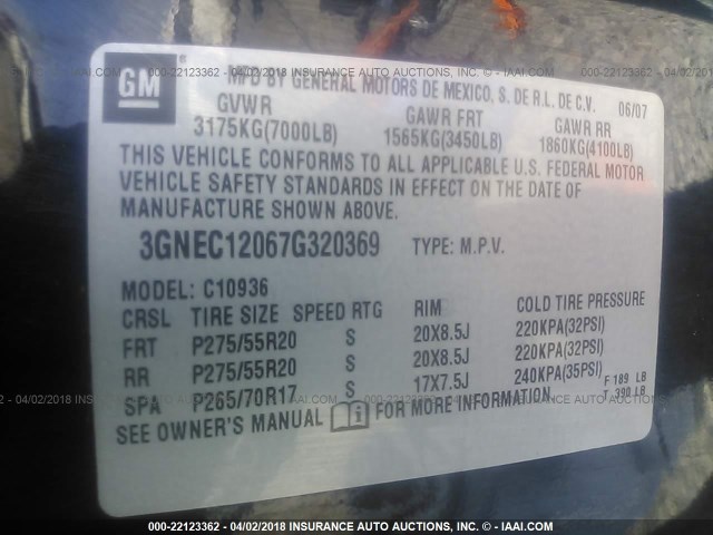 3GNEC12067G320369 - 2007 CHEVROLET AVALANCHE C1500 BLACK photo 9