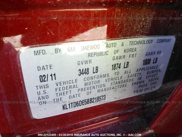 KL1TD6DE5BB218573 - 2011 CHEVROLET AVEO LS/LT 红色 照片 9