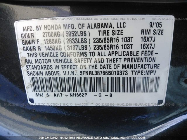 5FNRL38766B019373 - 2006 HONDA ODYSSEY EXL ნაცრისფერი ფოტო 9