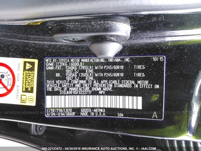 5TDJKRFH5FS222717 - 2015 TOYOTA HIGHLANDER XLE შავი ფოტო 9