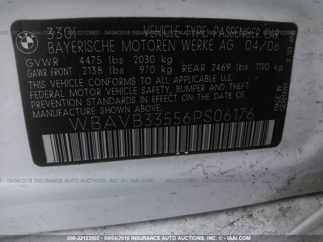 WBAVB33556PS06176 - 2006 BMW 330 I WHITE photo 9
