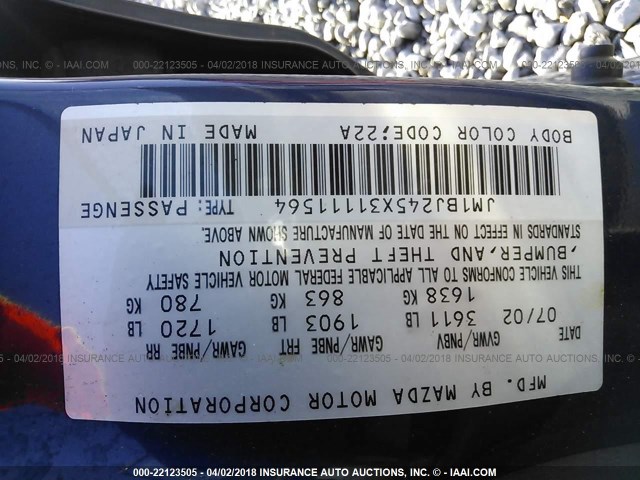 JM1BJ245X31111564 - 2003 MAZDA PROTEGE PR5 蓝色 照片 9