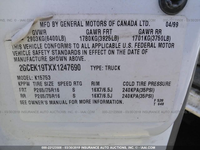 2GCEK19TXX1247690 - 1999 CHEVROLET SILVERADO K1500 WHITE photo 9