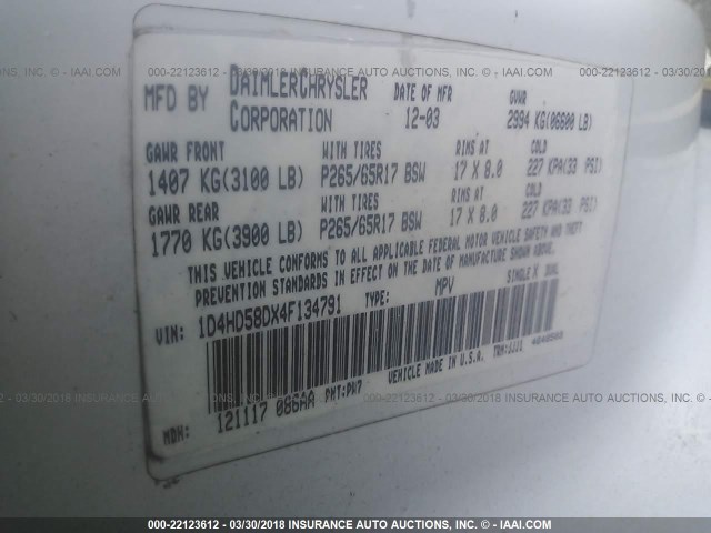 1D4HD58DX4F134791 - 2004 DODGE DURANGO LIMITED WHITE photo 9