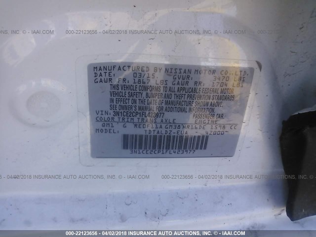 3N1CE2CP1FL423977 - 2015 NISSAN VERSA NOTE S/S PLUS/SV/SL/SR WHITE photo 9