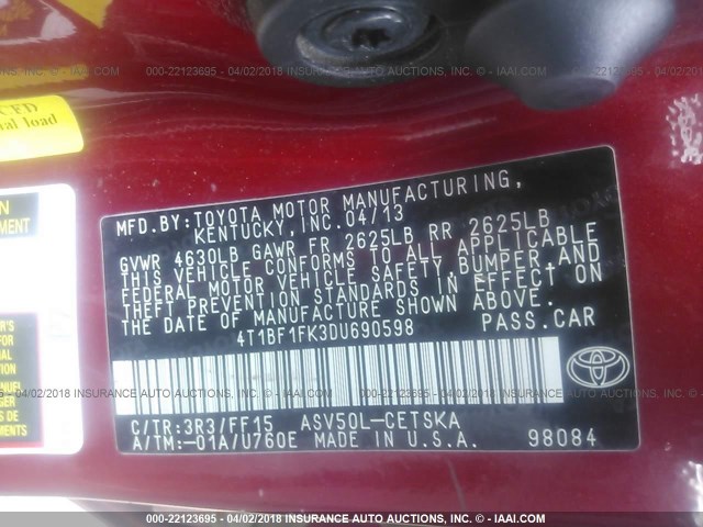 4T1BF1FK3DU690598 - 2013 TOYOTA CAMRY L/SE/LE/XLE RED photo 9