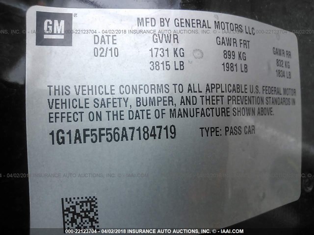 1G1AF5F56A7184719 - 2010 CHEVROLET COBALT 2LT BLACK photo 9