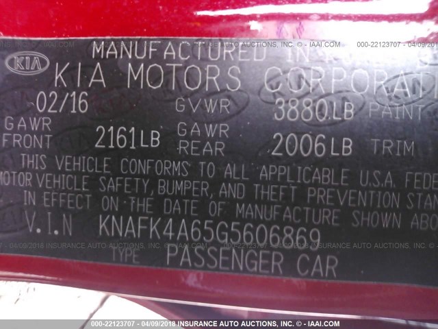 KNAFK4A65G5606869 - 2016 KIA FORTE LX RED photo 9