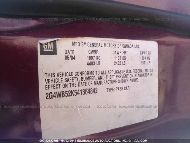 2G4WB52K541364842 - 2004 BUICK REGAL LS 栗色 照片 9