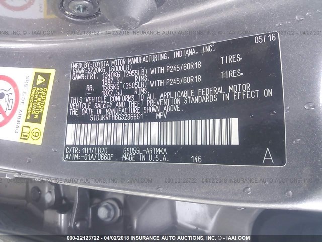 5TDJKRFH6GS296861 - 2016 TOYOTA HIGHLANDER XLE ნაცრისფერი ფოტო 9