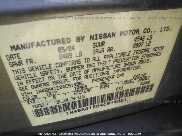 1N4BA41E04C914881 - 2004 NISSAN MAXIMA SE/SL SILVER photo 9