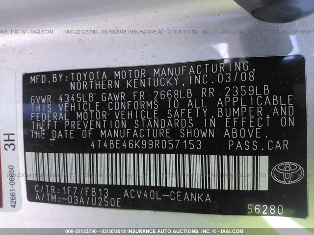 4T4BE46K99R057153 - 2009 TOYOTA CAMRY SE/LE/XLE Күміс фото 9