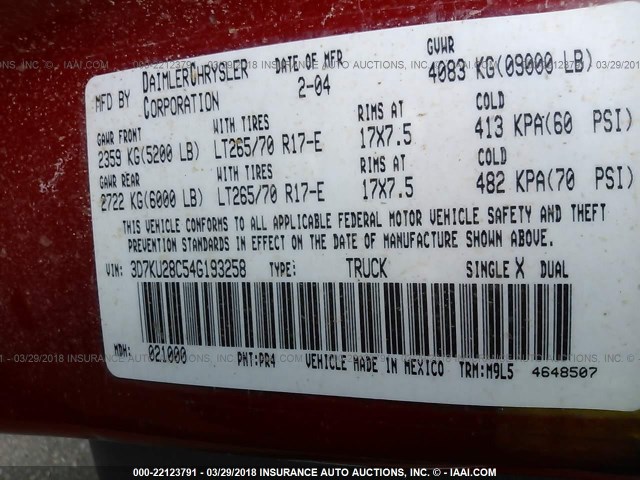 3D7KU28C54G193258 - 2004 DODGE RAM 2500 ST/SLT 红色 照片 9