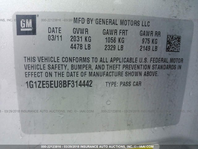 1G1ZE5EU8BF314442 - 2011 CHEVROLET MALIBU LTZ 银色 照片 9