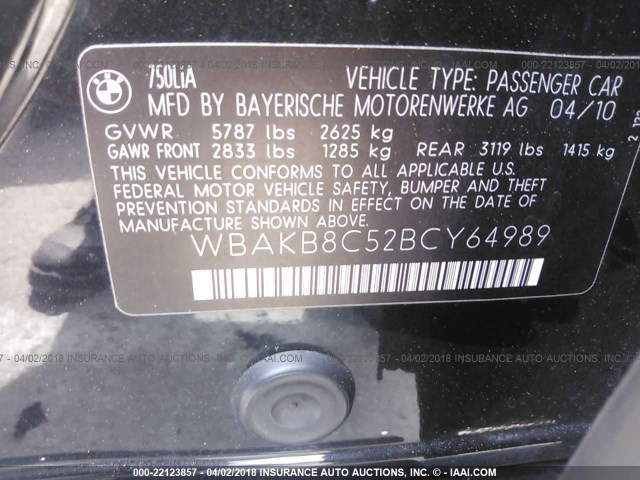 WBAKB8C52BCY64989 - 2011 BMW 750 LI BLACK photo 9