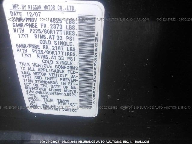 JN8AS58V88W126972 - 2008 NISSAN ROGUE S/SL BLACK photo 9