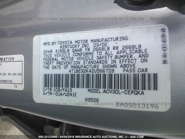 4T1BE32K42U566728 - 2002 TOYOTA CAMRY LE/XLE/SE 银色 照片 9