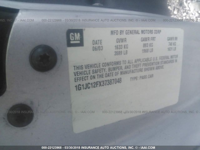 1G1JC12FX37387048 - 2003 CHEVROLET CAVALIER GRAY photo 9