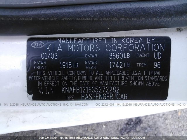 KNAFB121635272282 - 2003 KIA SPECTRA LS WHITE photo 9