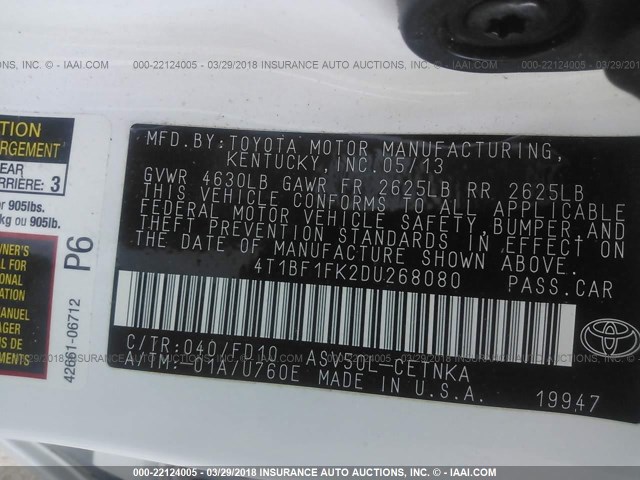 4T1BF1FK2DU268080 - 2013 TOYOTA CAMRY L/SE/LE/XLE WHITE photo 9