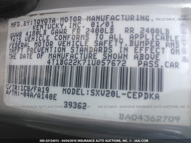 4T1BG22K71U057672 - 2001 TOYOTA CAMRY CE/LE/XLE 银色 照片 9