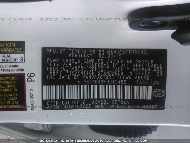 4T1BF1FK3FU043489 - 2015 TOYOTA CAMRY LE/XLE/SE/XSE Weiß Foto 9