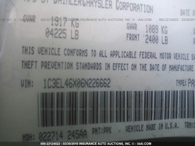 1C3EL46X06N226662 - 2006 CHRYSLER SEBRING TEAL photo 9