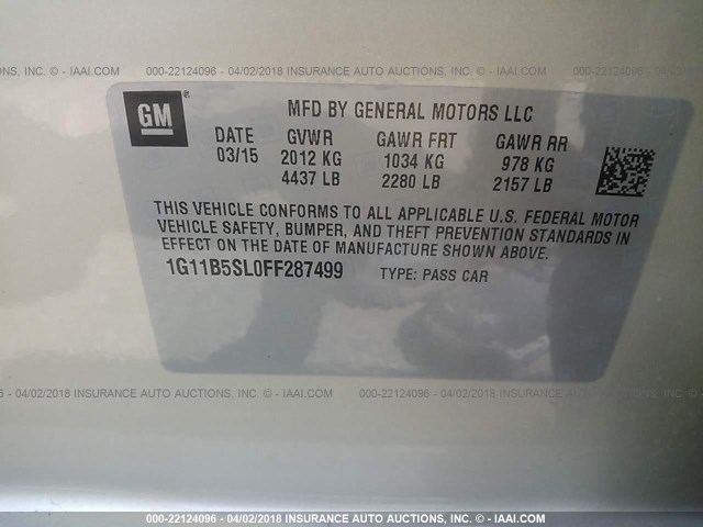 1G11B5SL0FF287499 - 2015 CHEVROLET MALIBU LS 银色 照片 9