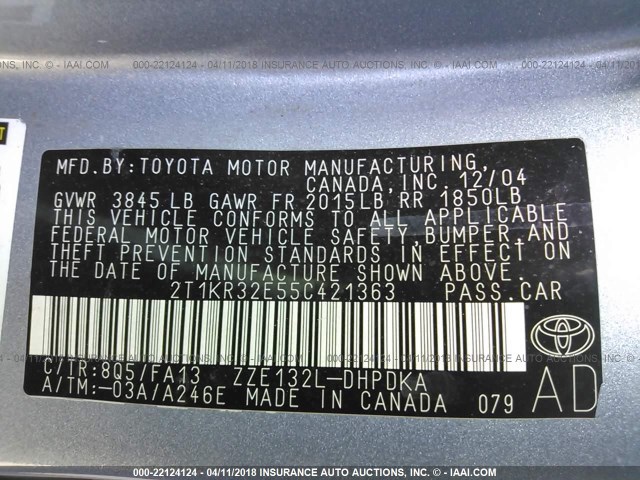 2T1KR32E55C421363 - 2005 TOYOTA COROLLA MATRIX XR BLUE photo 9