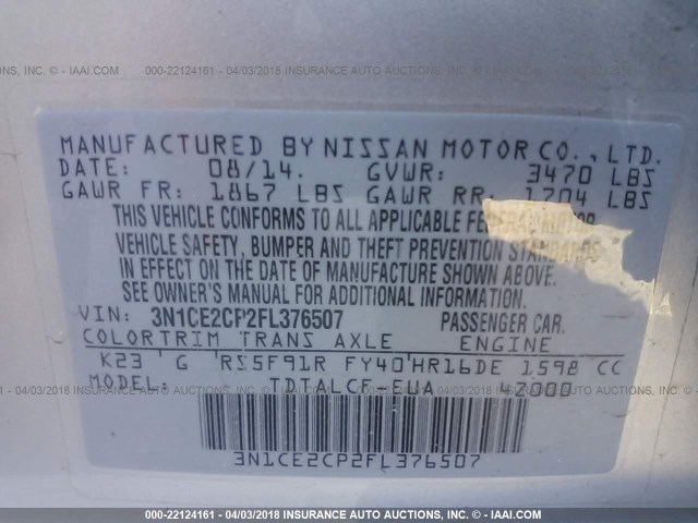 3N1CE2CP2FL376507 - 2015 NISSAN VERSA NOTE S/S PLUS/SV/SL/SR SILVER photo 9