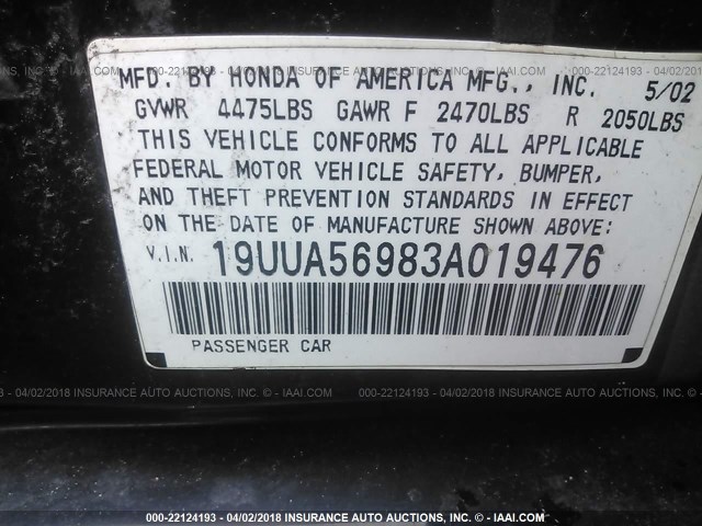 19UUA56983A019476 - 2003 ACURA 3.2TL TYPE-S BLACK photo 9