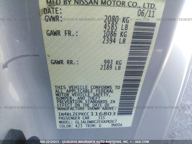 1N4BL2EPXCC116803 - 2012 NISSAN ALTIMA SR SILVER photo 9